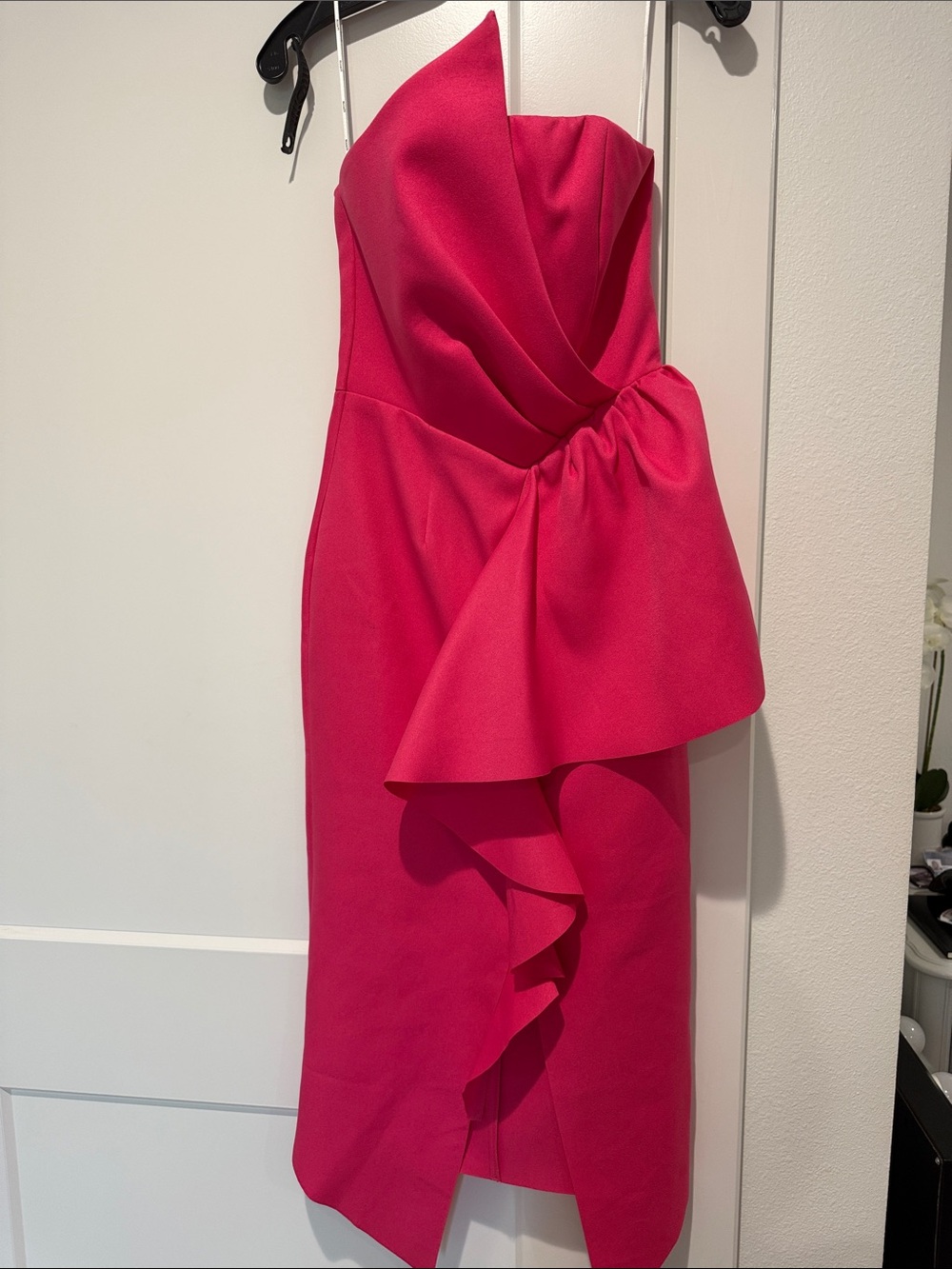 Elliatt Strapless Sweetheart Ruffle Midi Dress in Hot Pink